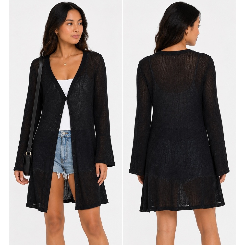 Shein Cardigan Dress Womens 2XL Black Ribbed Bell Sleeve Lace‎ Trim Whimsigoth